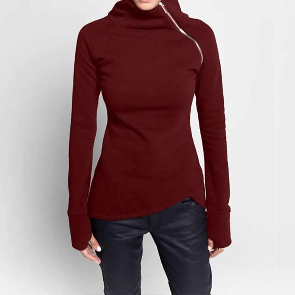 Jocoo Jolee Spring Autumn Casual Solid Hoodies Women Long Sleeve Turtleneck Zipper Sweatshirts Female Irregular Tops 2020