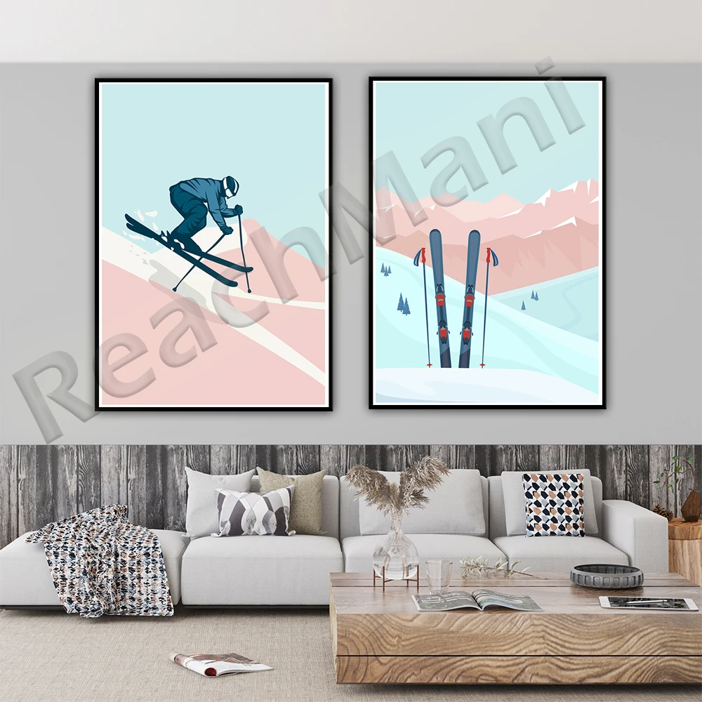 Vintage Ski Poster , Winter Skiing Prints, Minimalist Blue Beige Décor, Skiing Wall Décor, Winter Mountain Landscape, Ski Decor