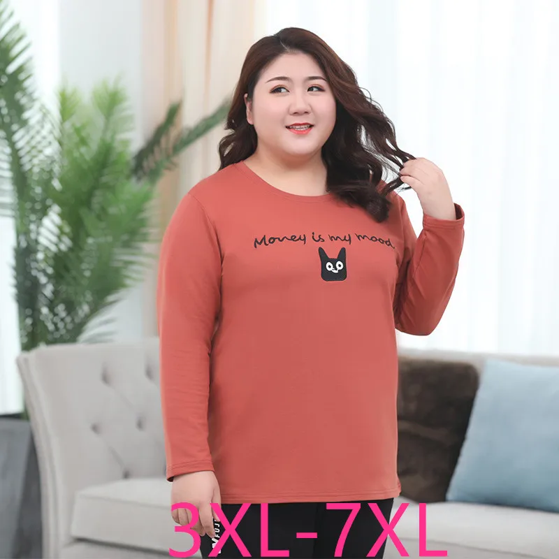 New Autumn Winter Plus Size Women Clothing Tops For Women Long Sleeve Cotton Thick O Neck Casual Loose T Shirt Coral Red 7XL