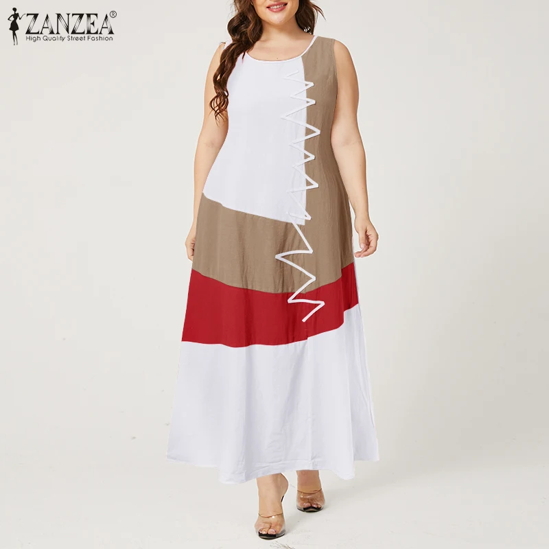 Kaftan Color Stitching Maxi Dress Women Summer Sundress ZANZEA 2023 Casual Sleeveless Tank Vestidos Female O Neck Robe Plus Size