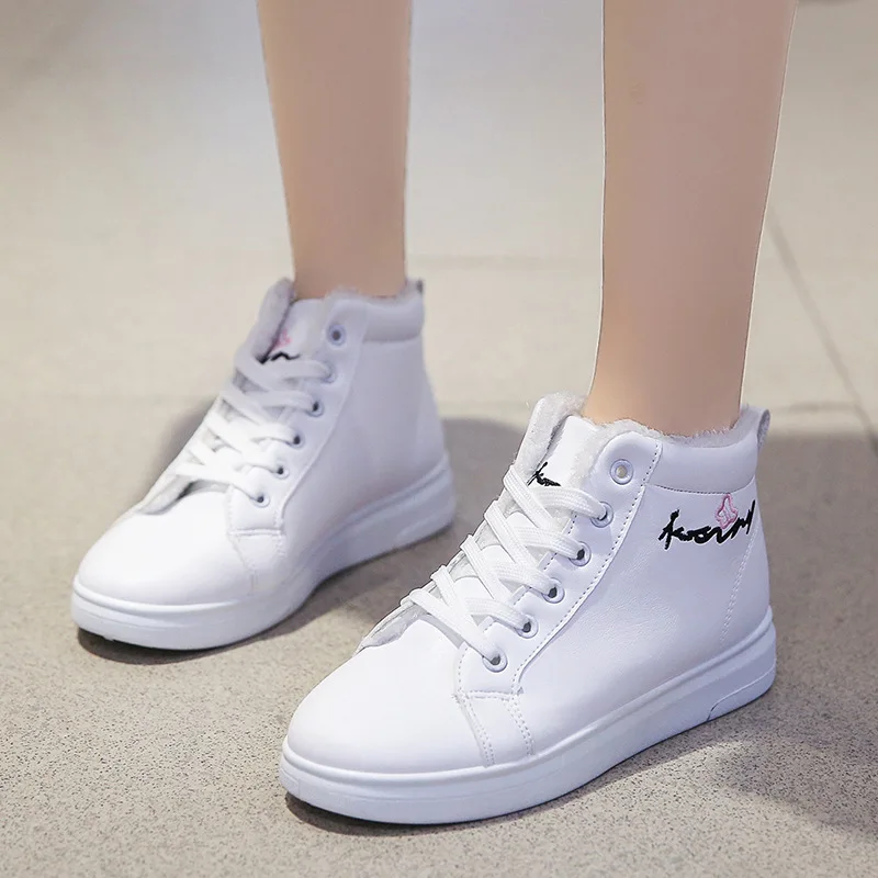 Sepatu Wanita Beludru Putih Plus 2021 Musim Gugur Musim Dingin Sepatu Katun Datar Hangat Platform Sneakers Wanita Kasual High-Top Zapatos De Mujer