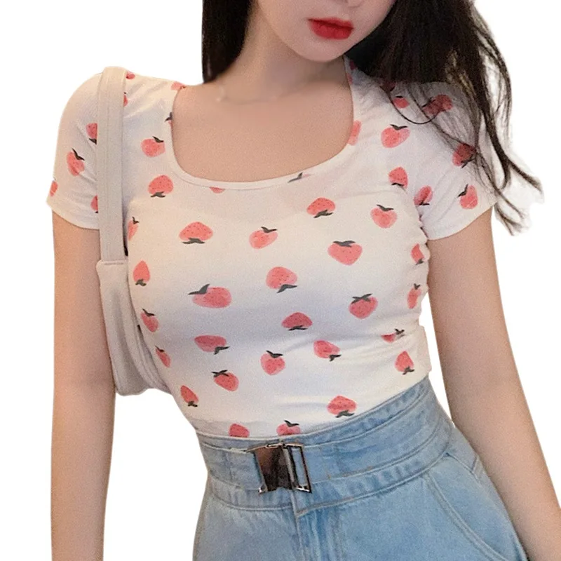 DAXIN Short Sleeve T-shirt Female Summer Square Collar Women Slim Sexy Navel Exposed Tee Shirts