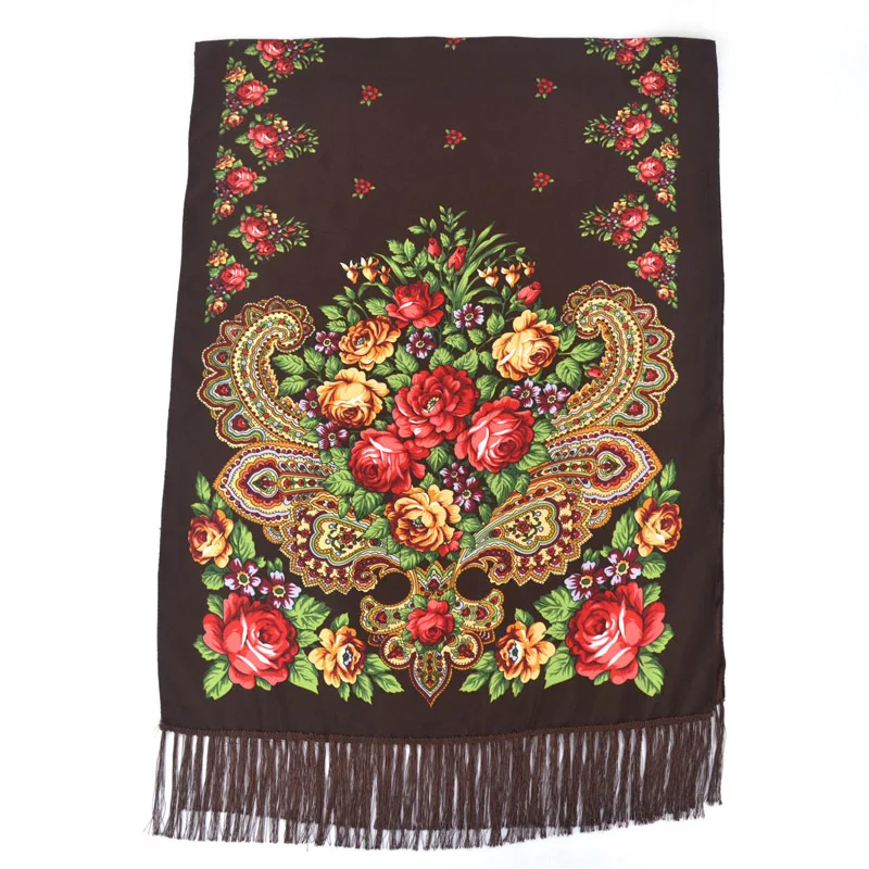 Ukrainian Russian Scarf Winter Female Handkerchief Women Wrap Shawl Babushka Long Hijab Floral Pattern Dupatta Polish Fringed