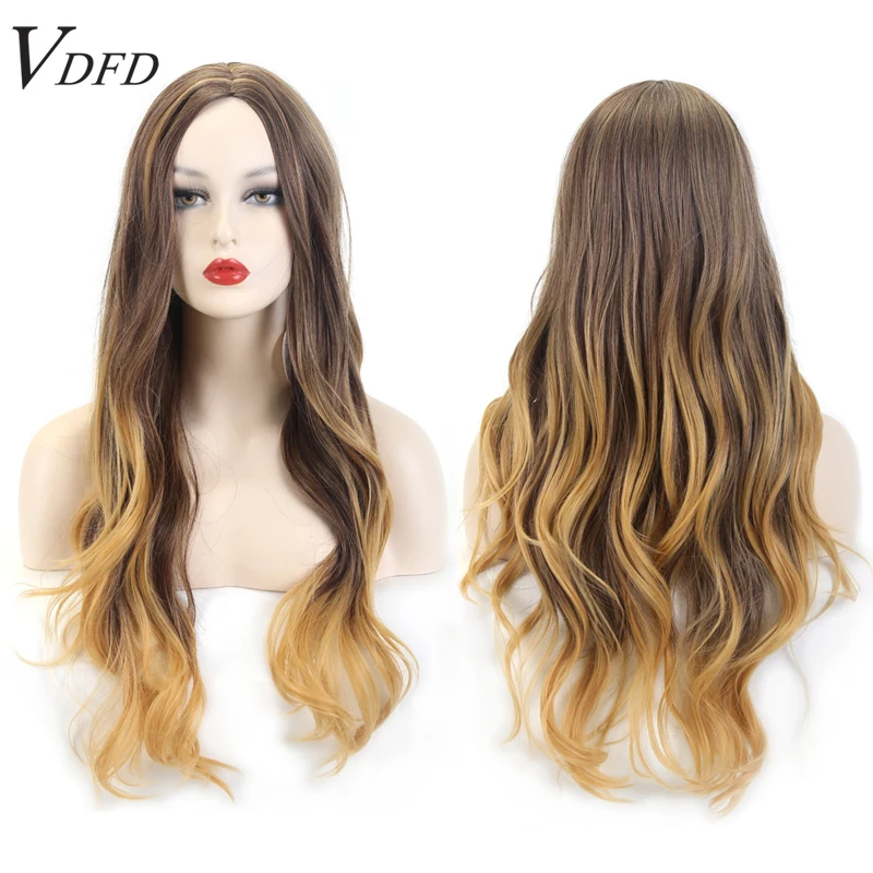 

VDFD Synthetic Wig Long Wavy Light Brown Ombre Natural Curly Hair Cosplay for Women Daily Heat Resistant