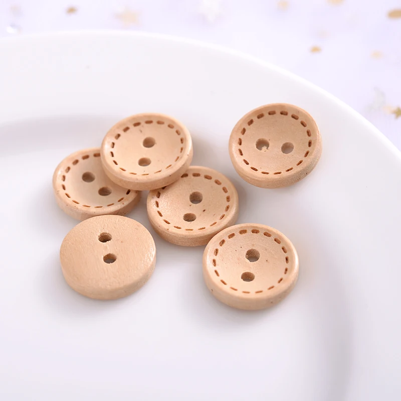 15mm 100Pcs Natural Color Round Shape Wooden Buttons 2 Holes Sewing Button With Dotted Line Scrapbooking DIY Apparel Accessories