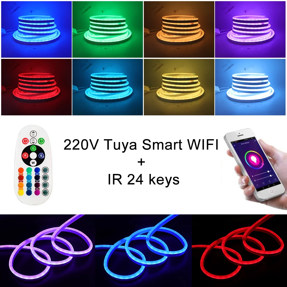 EU 220V LED Neon Light RGB Tuya WiFi Bluetooth APP Control Neon Rope Light Flexible Waterproof Ribbon Tape 5050 2835 LED Strip