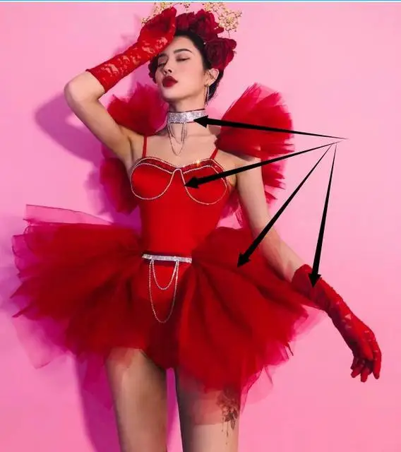 Costume de brevavec Strass Rouges pour Femme, Jupe Tutu en Maille, Tenue de ixGOGO