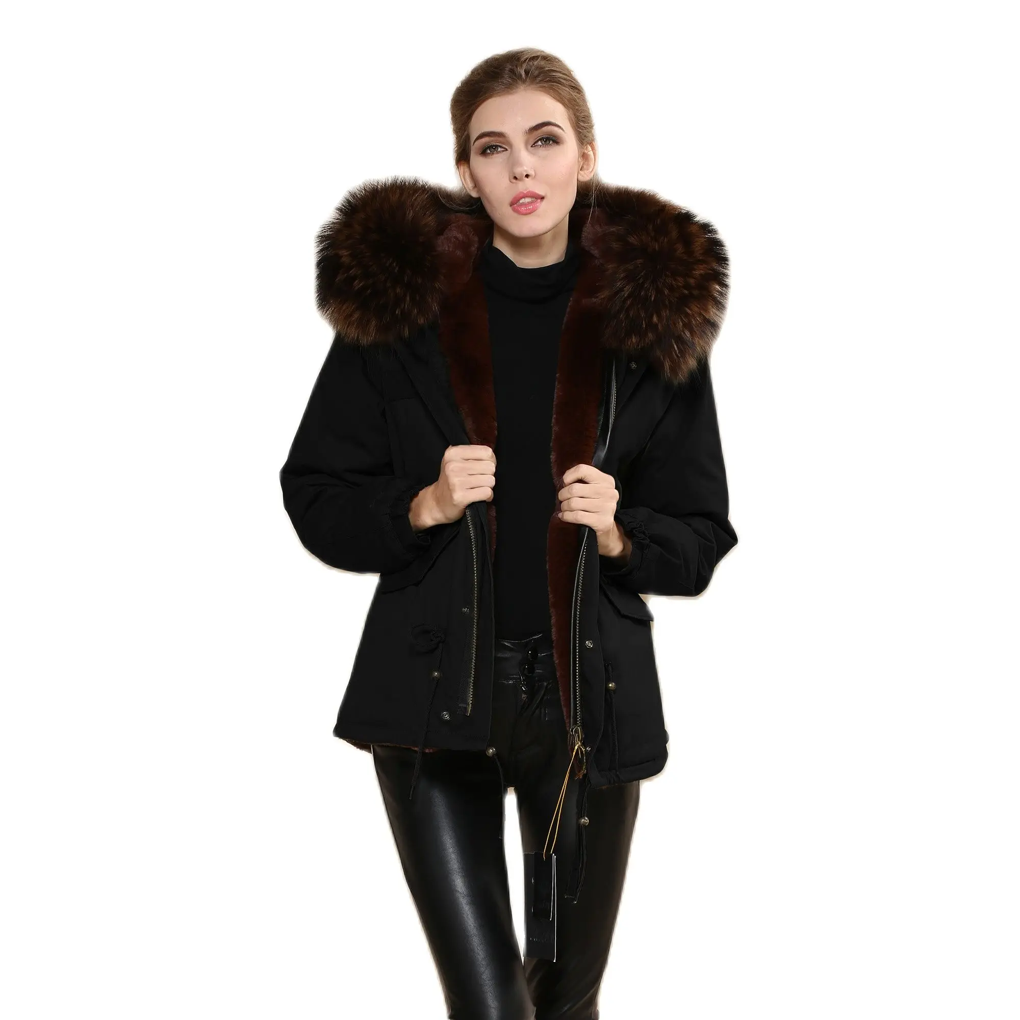 

Short Fur Parka Men And Women Casual Coat With Coffee Color Faux Fur Lining And Big Raccoon Fur Collar