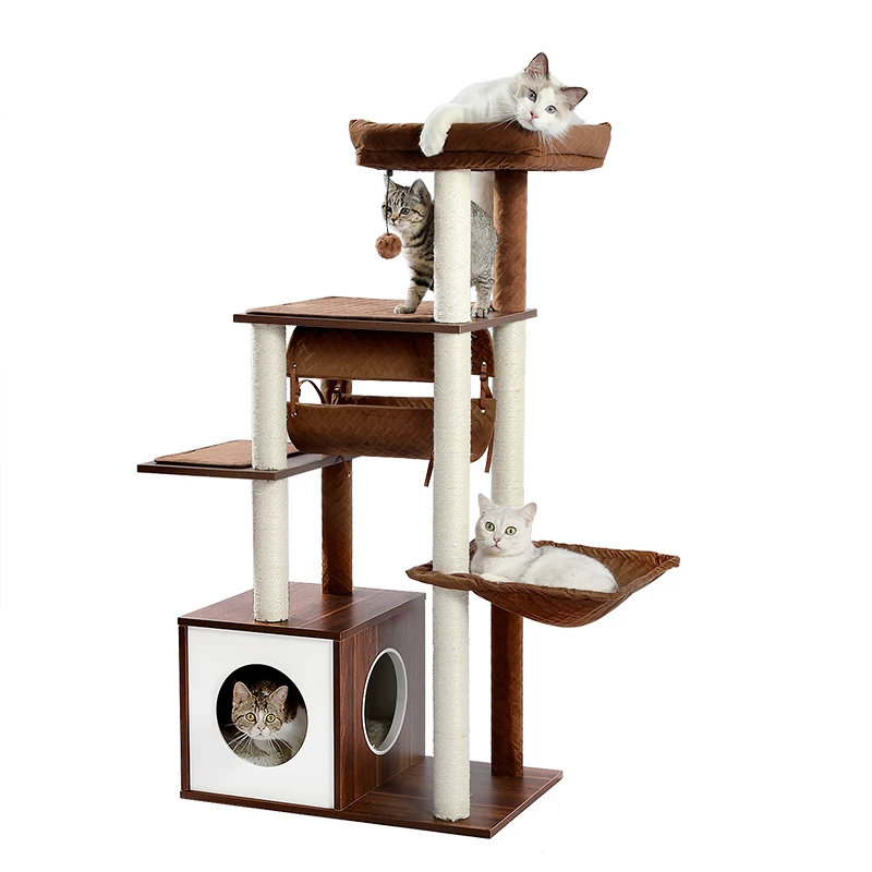 Cat Tower with Tunnel Cat Activity Center with Scratching Posts Wooden Cat Condo Furniture for Kittens and Cats