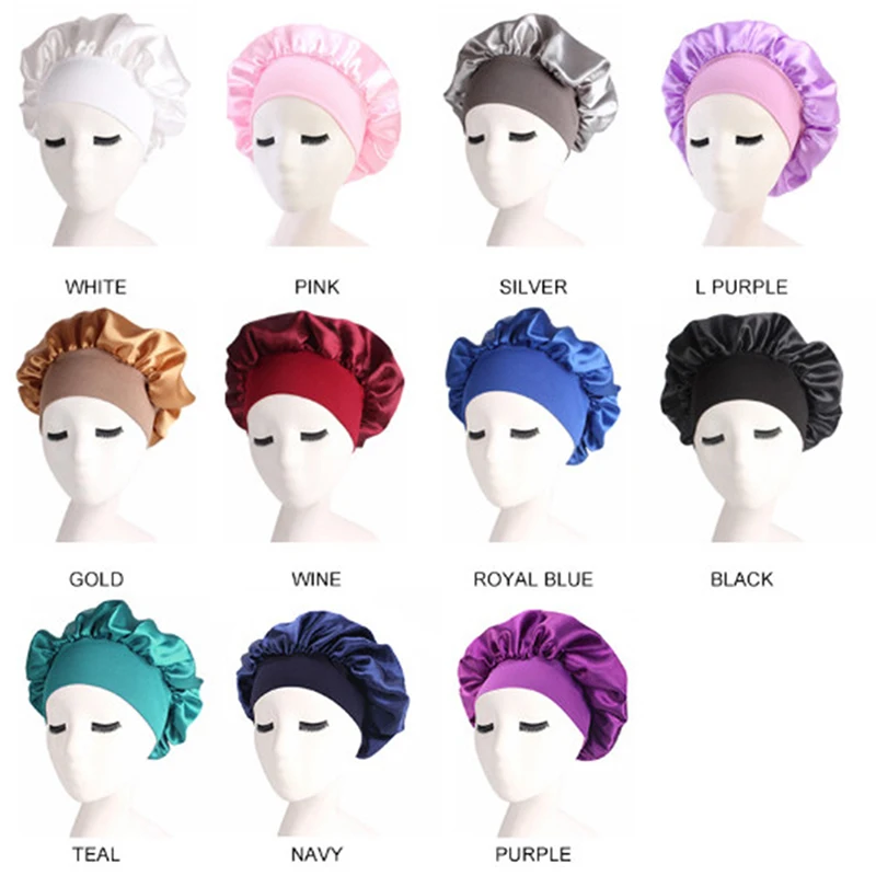 1pc Silk Head Wrap Shower Cap Adjust Solid Satin Bonnet Hair Styling Cap Long Hair Care Women Night Sleep Hat Hair Styling Tools