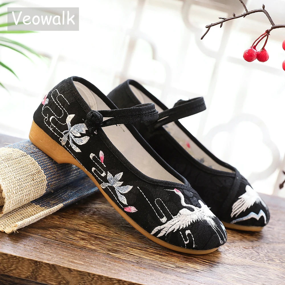 Veowalk Crane Embroidered Women Canvas Ballet Flats Super Lightweight Ladies Casual Ballerinas Shoes Comfort Soft Driving Shoes