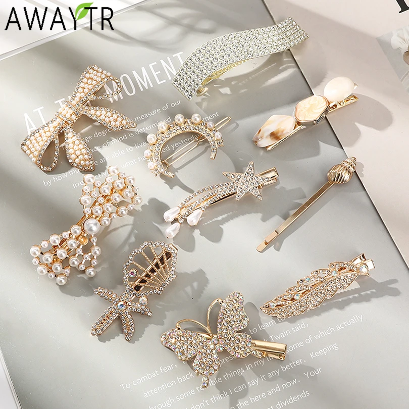 2pcs Crystal Hair Clip For Women Girl Geometric Shell Butterfly Bow Rhinestone Hairpin Pearl Barrettes Headwear Hair Accessories