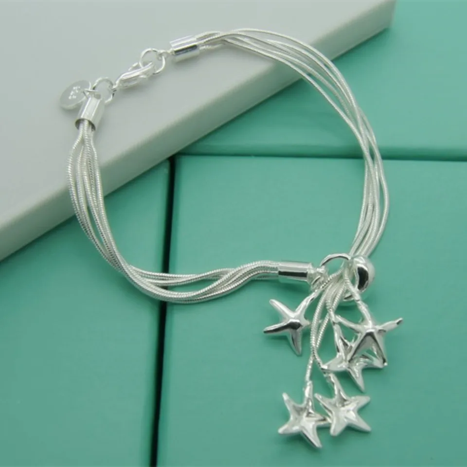 925 Sterling Silver Five Starfish Snake Chain Bracelet For Woman Charm Wedding Engagement Fashion Party Gift