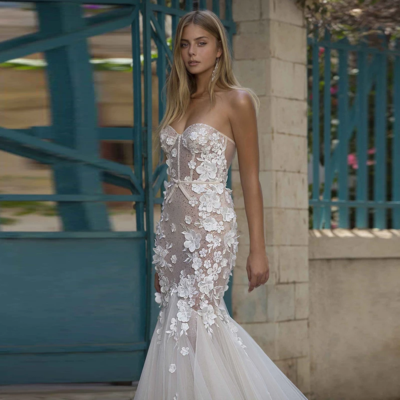 LORIE – robe de mariée à paillettes pour mariage, tenue de mariage à fleurs 3D, style sirène, style Boho, avec doublure Champagne légère, 2021