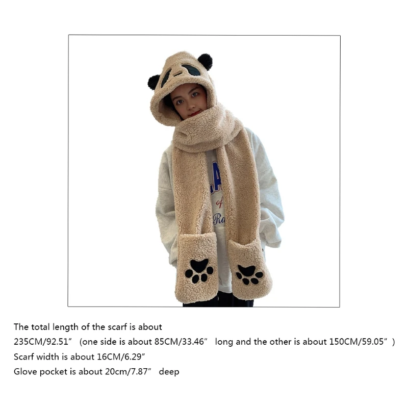 Cute Panda Hat Scarf Gloves 3-piece Set Plush Fluffy Cartoon Hat Women Winter Animal Paws Windproof Hoodie Cap Scarf Mitten