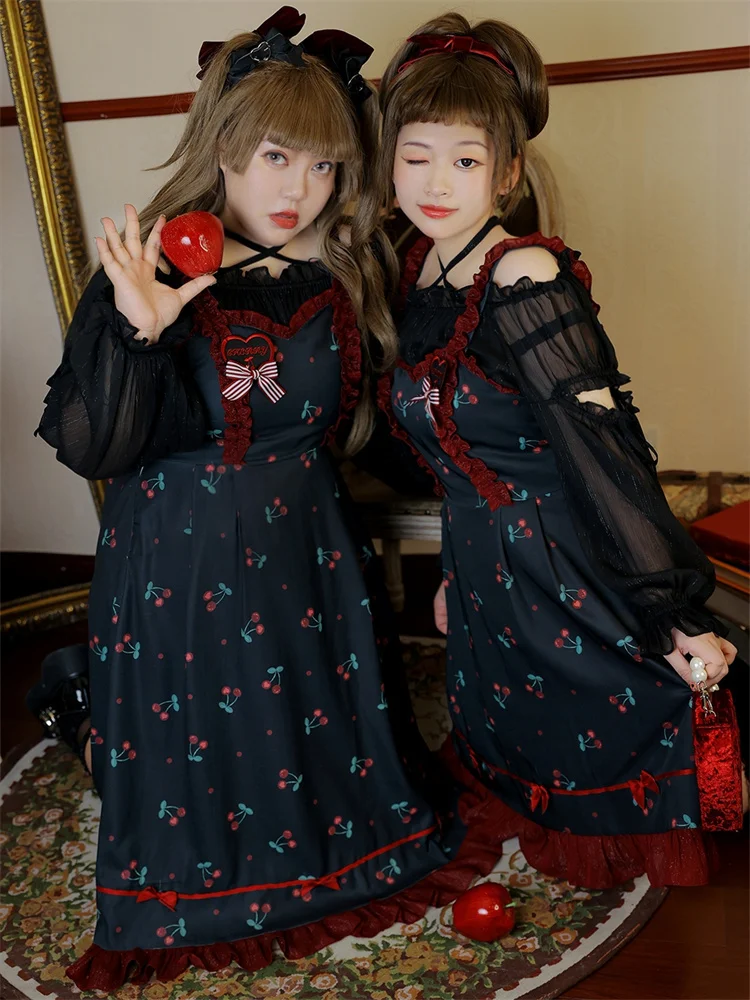 Sweet Girl Cute Large Size 4xl Cherry Printing Bowknot Dress Lolita Black Ruffle Kawaii Woman Japanese Lolita Cosplay Jsk