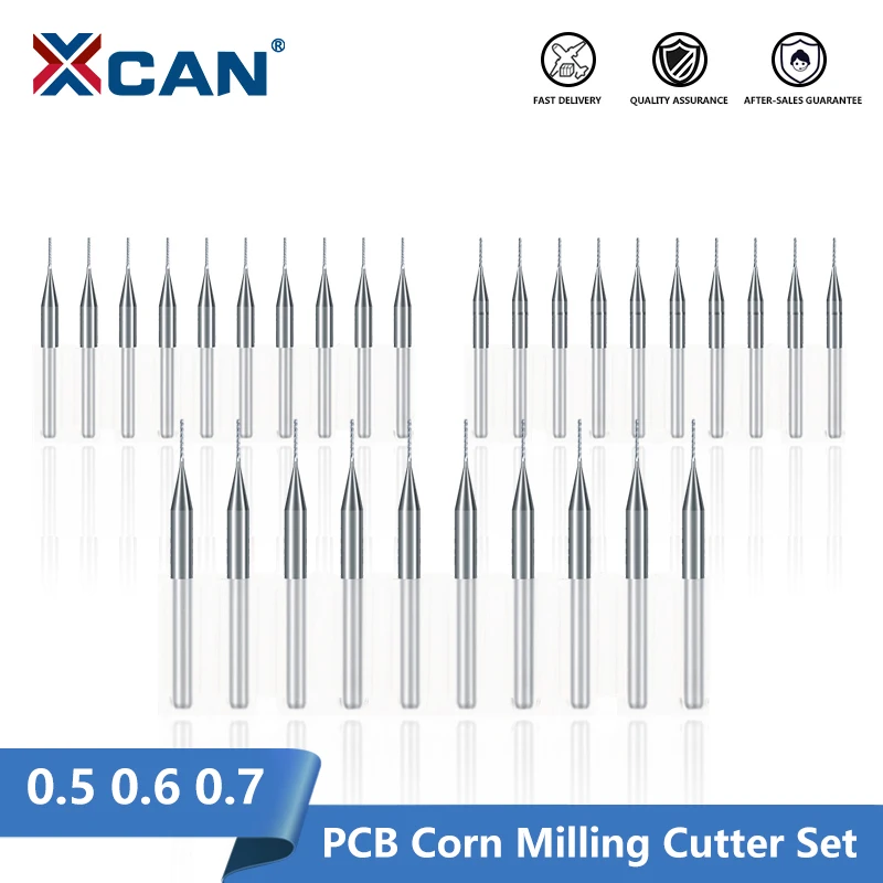 XCAN-PCB Milling Cutter Set, Carbide End Mill, CNC Mill Bit, Router Bit, 3.175mm, Haste 0,5 0,6 0,7mm