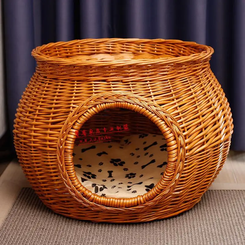 Rattan Cat Nest British Shorthair Wicker House Kennel Teddy/Pomeranian Four Seasons Pet Bed Removable and Washable House Yurt