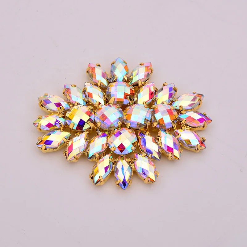 JUNAO 2pc 45*59mm Blue AB Large Flower Glass Claw Rhinestones Applique Sewn Strass Crystal Stones For Wedding Dress Crafts