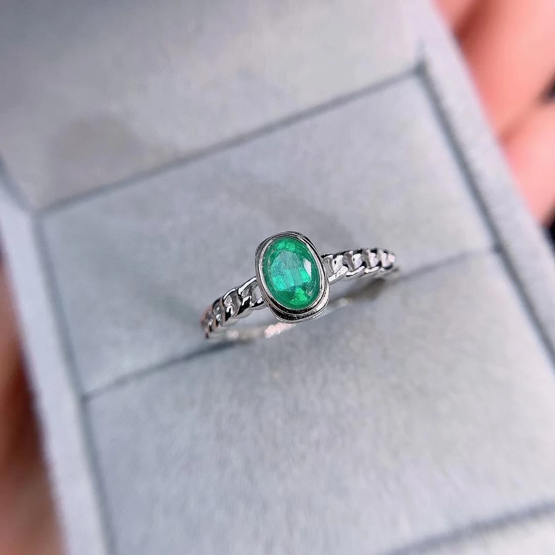 Fine Jewelry 925 Sterling Silver Inset With Natural Gemstone Women's Popular Vintage Oval Emerald Adjustable Ring Support Detect