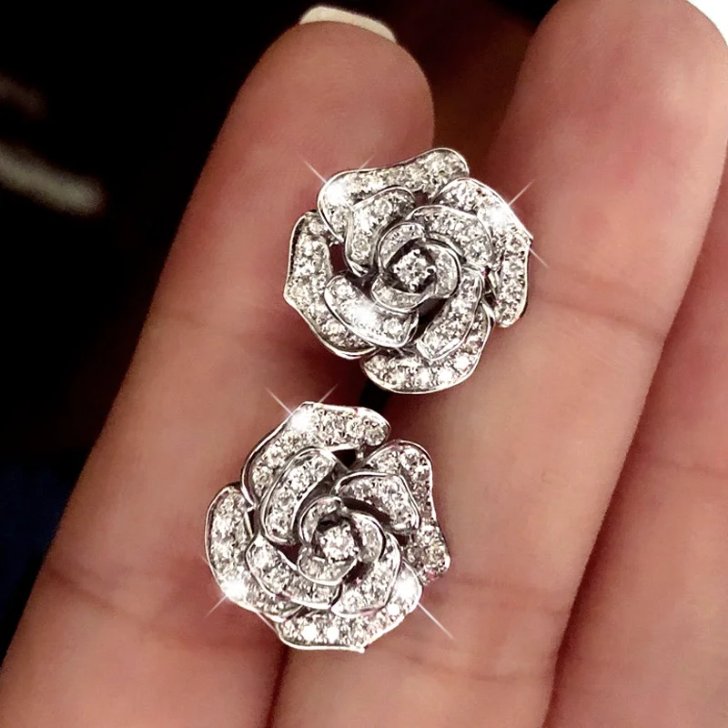 Huitan Luxury Silver Color Flower Stud Earrings for Women Dazzling Cubic Zirconia Stylish Female Accessories Versatile Jewelry