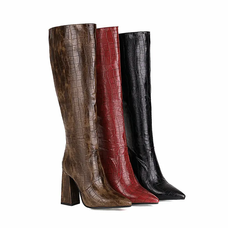 2021 New Faux Leather Women Knee High Boots Pointed Toe Square High Heel Ladies Long Boot Stone Pattern Women Shoes Black Red