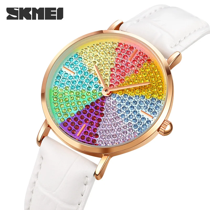 

SKMEI Women Diamond Watch Starry Bracelet Watches Set Ladies Leather Band Quartz Wristwatch Female Clock Relogio Feminino