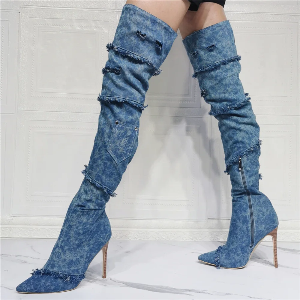 Kolnoo Handmade Cổ Điển Giày Cao Gót Quá Đầu Gối Giày Denim Miếng Dán Cường Lực Da Tối Đùi-Giày Cao Gợi Cảm Thời Trang Mới giày