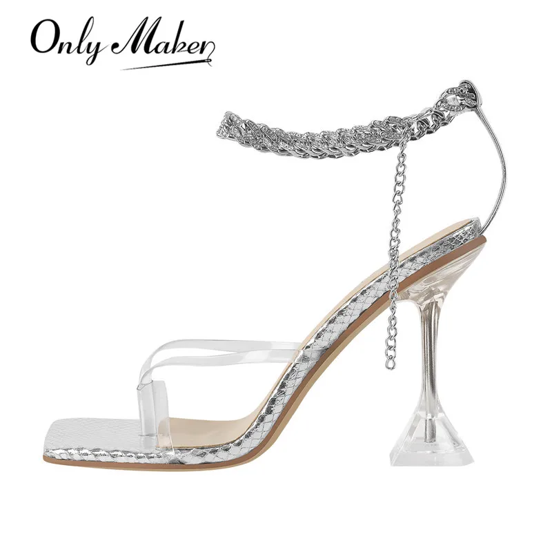 

Onlymaker Flip Flops Women Metal Chain Patent Sliver High Heel Square Open Toe Stilettos Ankle Strap Buckle Transparent Bottom