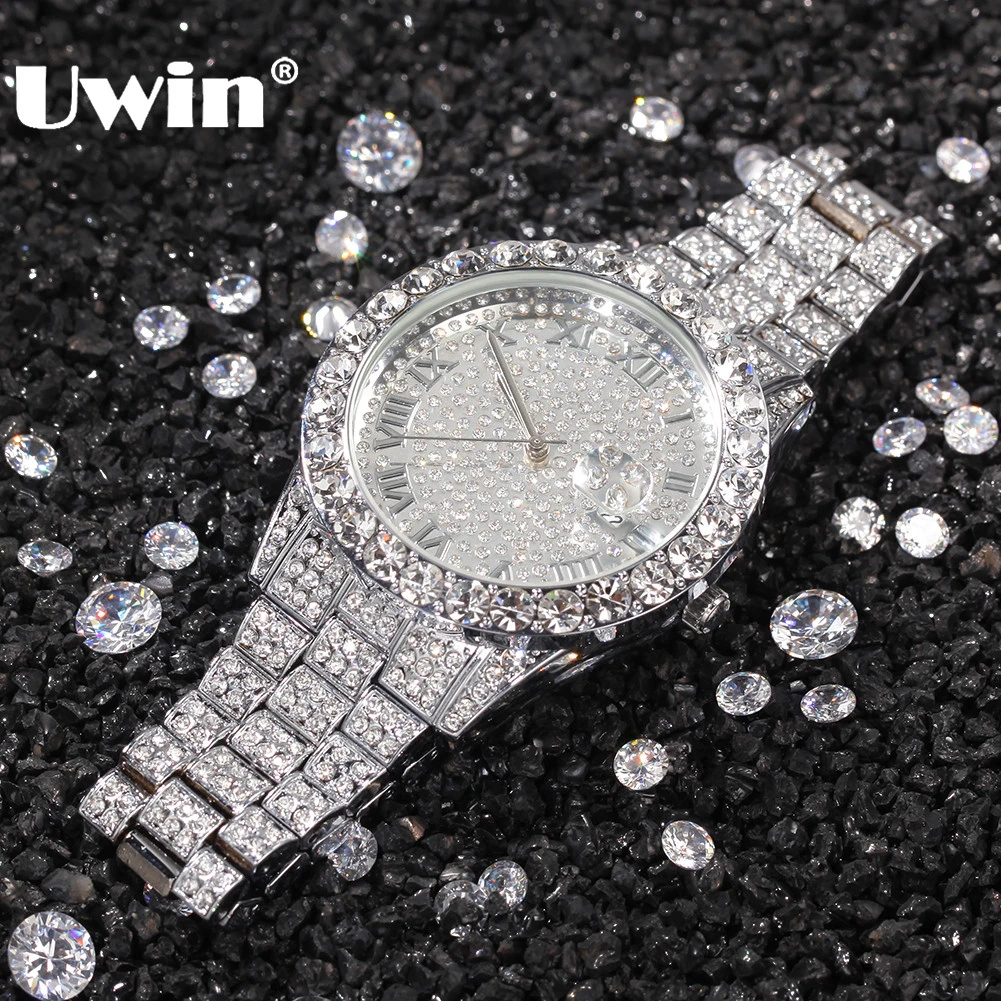 UWIN Men Women Watches Stainless Steel Band Fashion Luxury Rhinestones Quartz Elegant Casual Wristwatches Business Watch