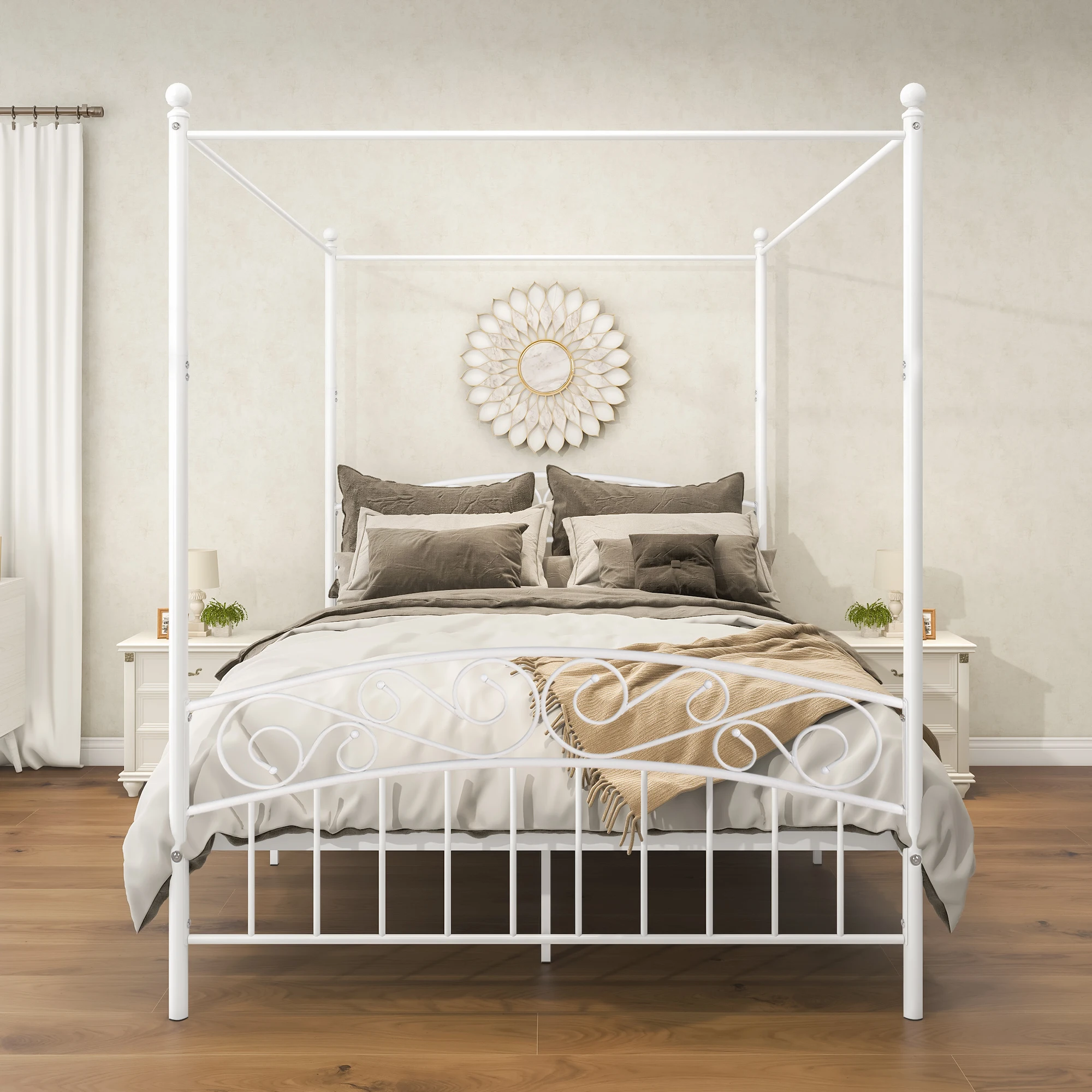 Bedroom Furniture 4-Post Metal Canopy Bed Frame Queen Size Vintage style