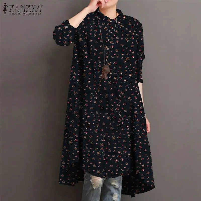 Kaftan Floral Tops Women\'s Autumn Blouse ZANZEA 2023 Casual Asymmetrical Tunic Female Button Down Blusas Oversized Tunic