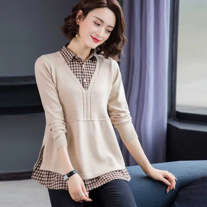 Lapel Patchwork Knit Tops Casual Loose Spring Fall Sweater Women New Knitwear Jumper Korean Fake 2 Pieces Long Sleeve Pullovers