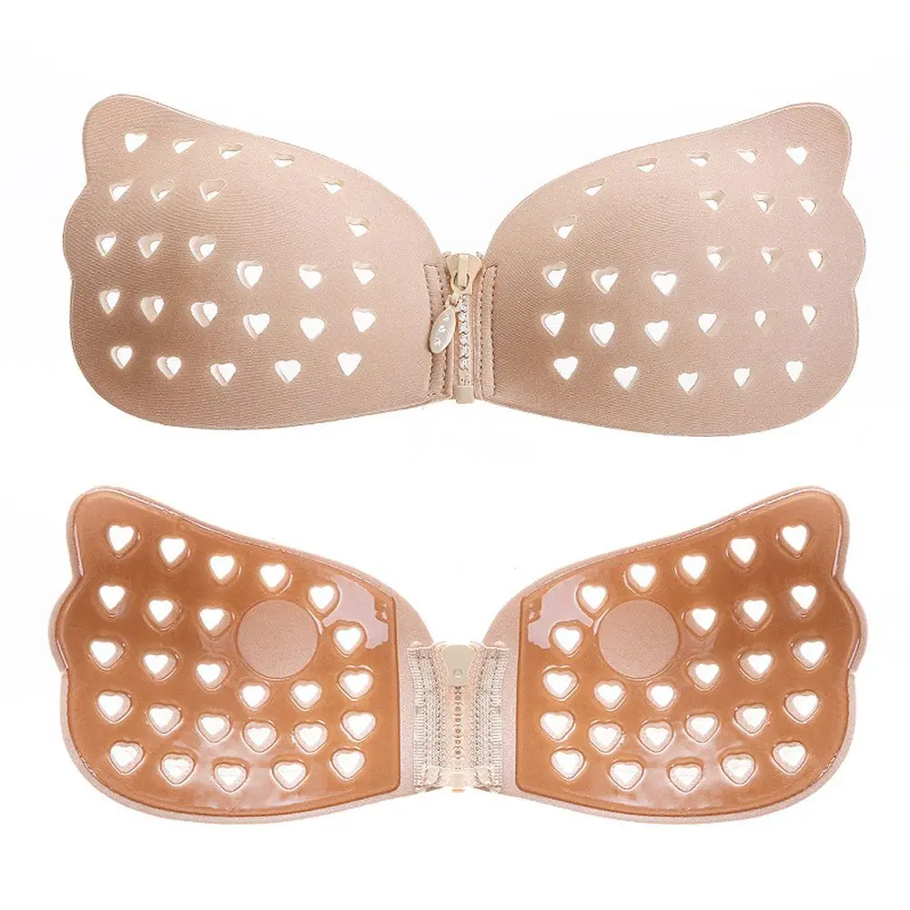 Women Invisible Bra Zipper Chest Patch Heart Perforated Underwear Female Gather Strapless Bra Non-Slip Nipple Patch Reusable