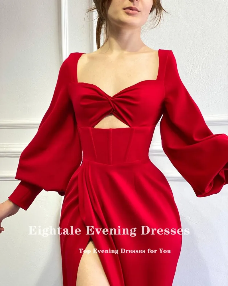 Robe de soirée rouge en velours 2021, tenue de bal, manches longues bouffantes, fente sur le côté, longueur au sol, arabe