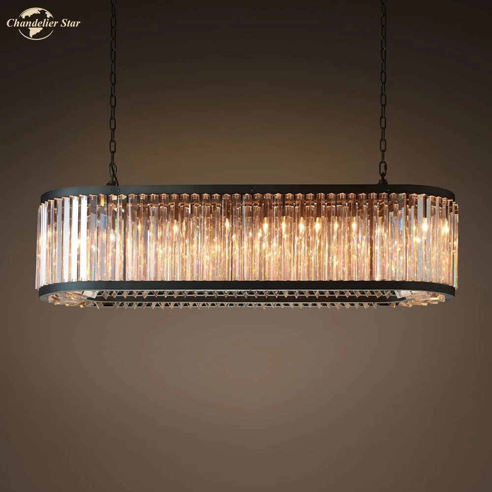 

Retro Oval LED Chandeliers Modern Metal Black K9 Crystal Lamp Lustre Bedroom Living Room Dining Room Pendant Lights Fixture