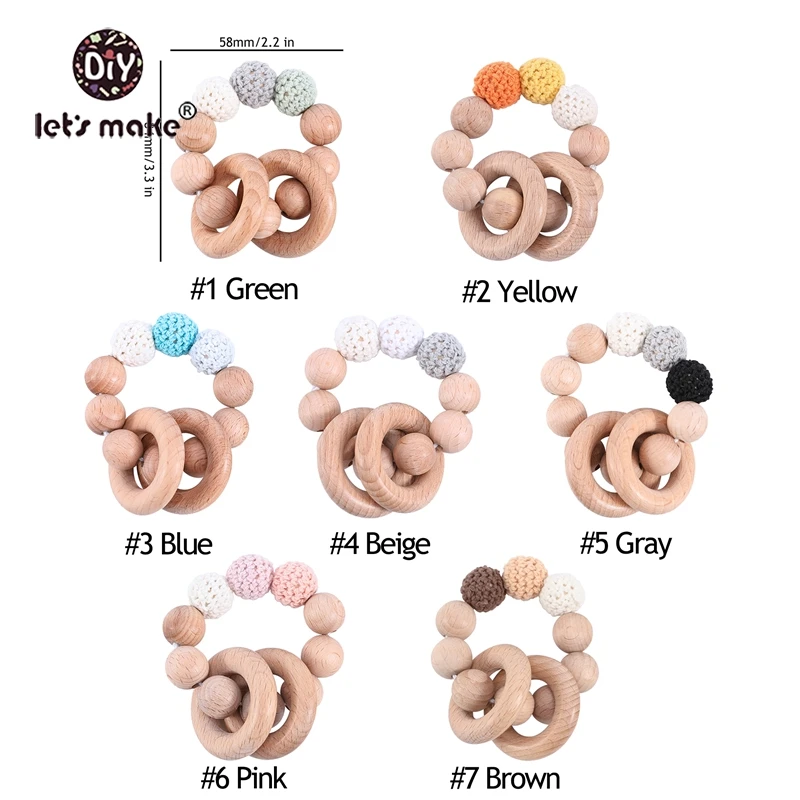 

Let's Make 7pc/set Round Wooden Teether Beads Silicone Teething Beads DIY Baby Toys Bracelet Baby Teether Rattle Toy Beech Wood