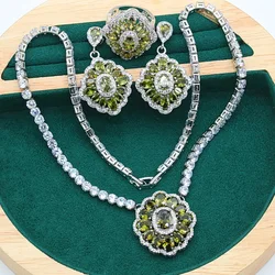 Bridal 925 Sterling Silver Wedding Jewelry Set with Green Zircon for Women Bracelet Earrings Necklace Pendant Ring