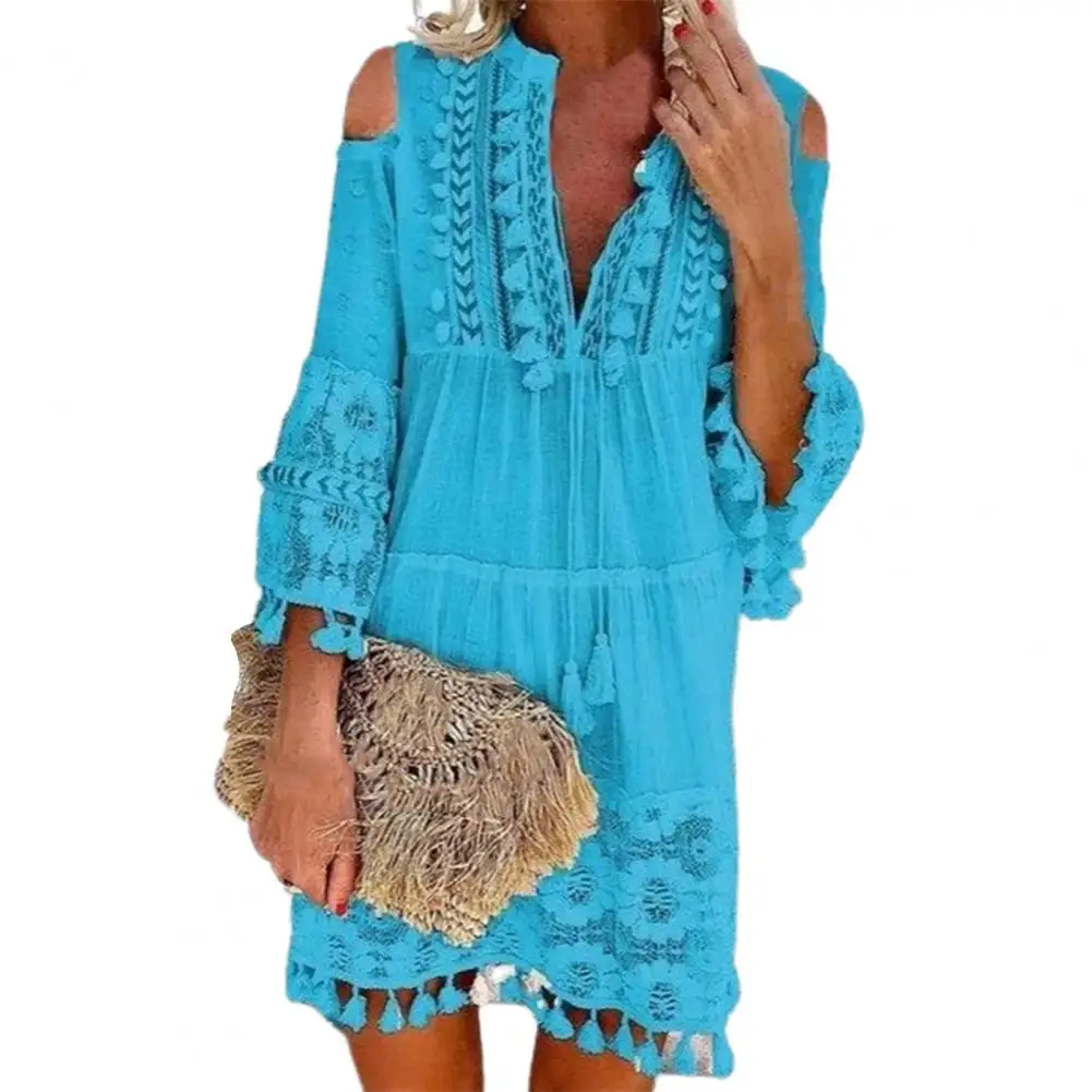 Sexy Women\'s Shift Dress Long Sleeve Tassel Fringe Lace Robe Strapless Deep V-Neck Female Summer Casual Boho Vacation Dresse Hot