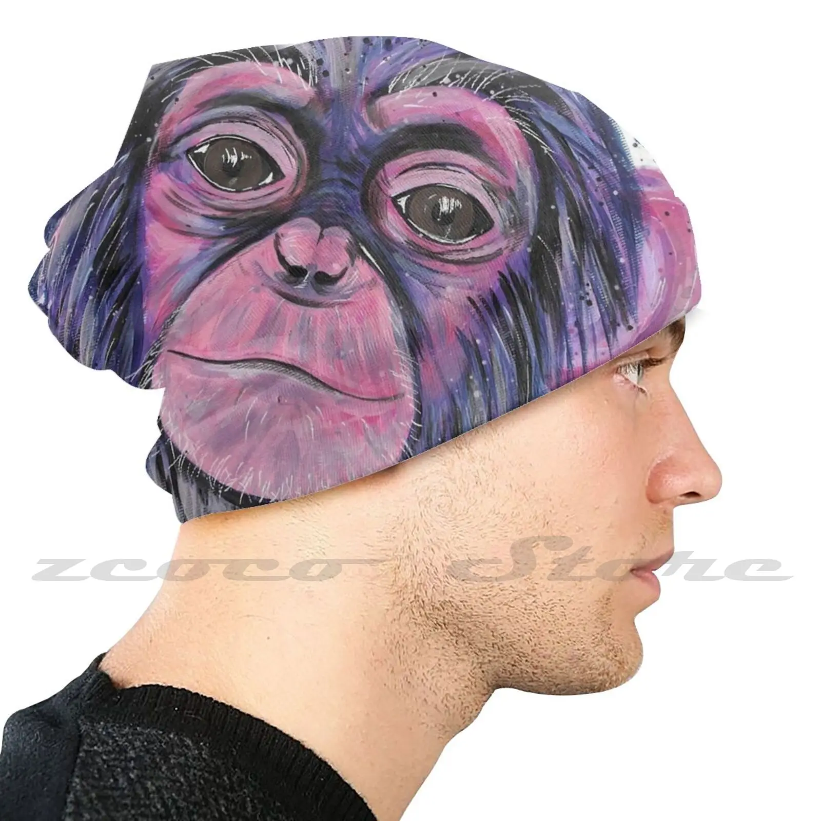 Felix Knit Hat Hedging Cap Soft Elasticity Outdoor Sports Leisure Purple Chimp Acrylic Chimp Chimpanzee Monkey Purple Hand