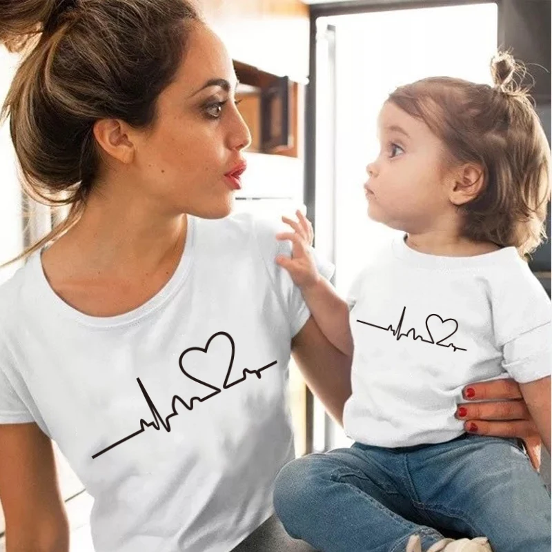 Mommy and  My heartbeat clothesT Shirt Family Matching Clothes Love Print T Shirt Mother and Daughter Clothes Family Look