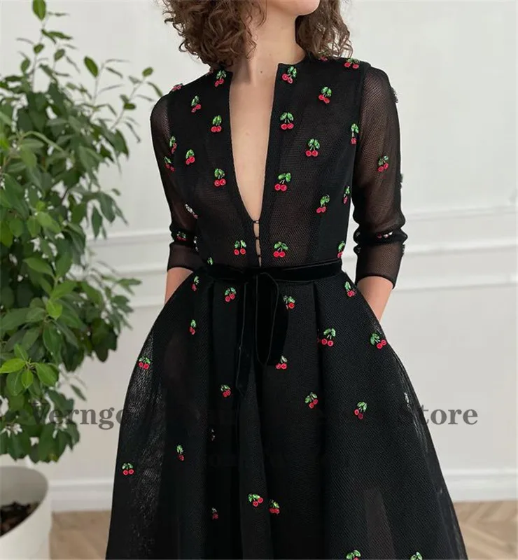 Verngo Modest Black 2/3 Long Sleeves Evening Dresses A Line Square Neck Tea Length Prom Gowns 2021 Spring Women Casual Cloth