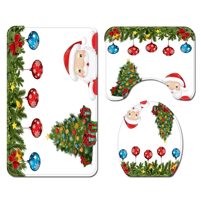 Marry Christmas cartoon Three-piece set 3D printed Bathroom Pedestal Rug Lid Toilet Cover Bath Mat Set drop shipping 01