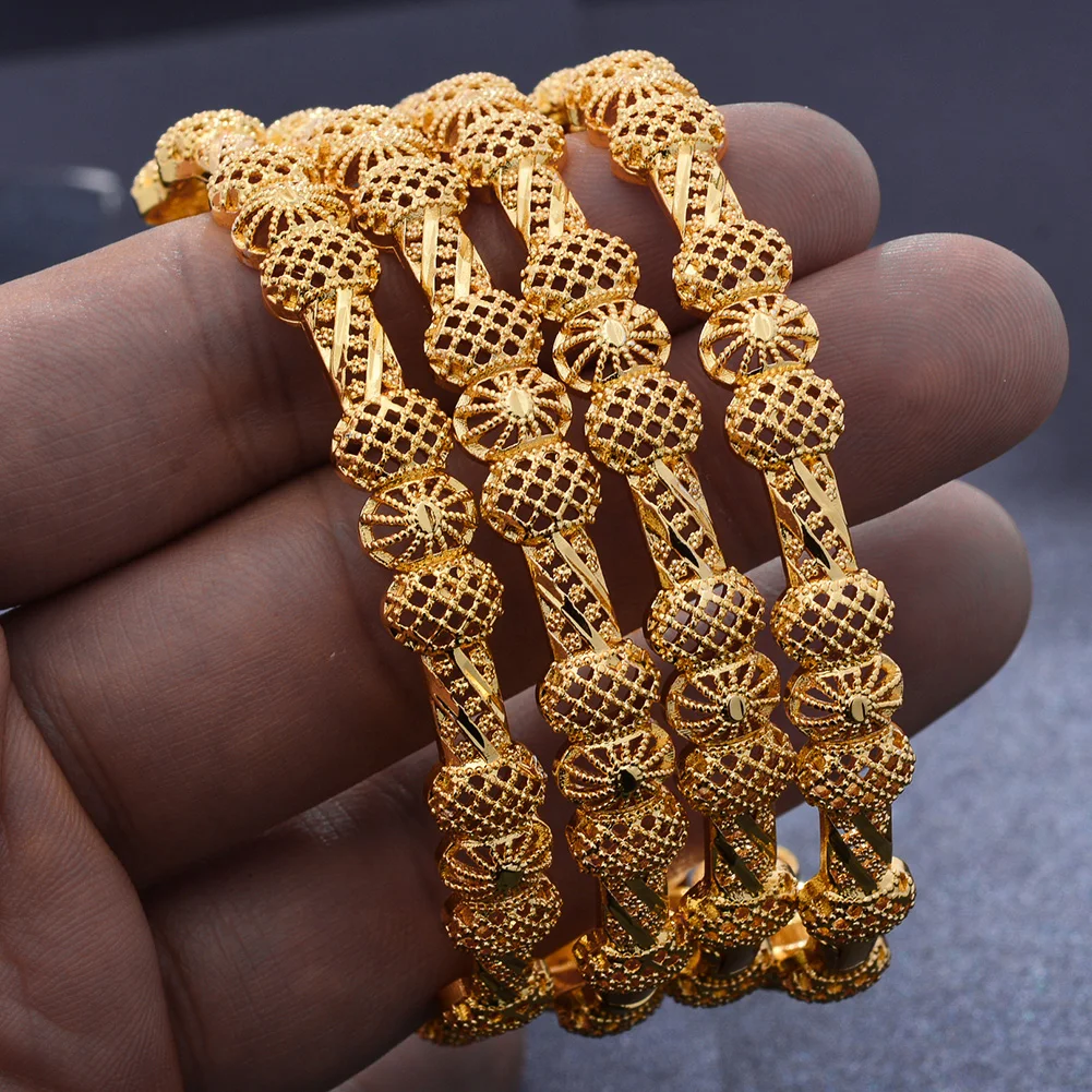 

Bangles 4pcs/lot Dubai Gold Color African Bridal Wedding Bangles For Women Wife Saudi Arab Flower Bracelets France Bijoux