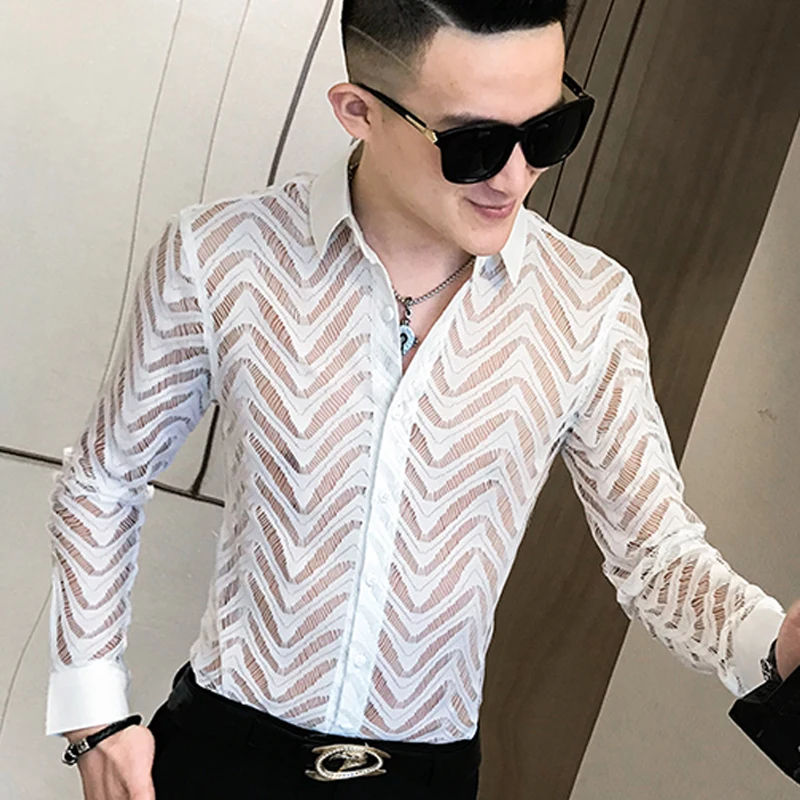 Sexy Transparent Men Long Sleeve Slim Fit Tuxedo Shirt Hollow Camisa Hombre Black White Gothic Party Casual Dress Shirt for Men