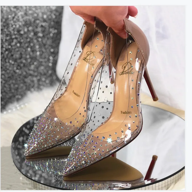 2024 Spring Office Ladies Sexy Pumps Woman PVC Transparent Thin High Heels Crystal Diamond Light Pointed Toe for Women\'s Shoes