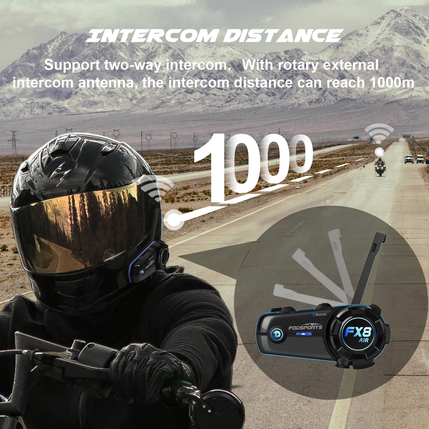 Fodsports FX8 AIR Motorcycle Intercom Wireless Bluetooth Helmet Headset, 4 Riders 1000M