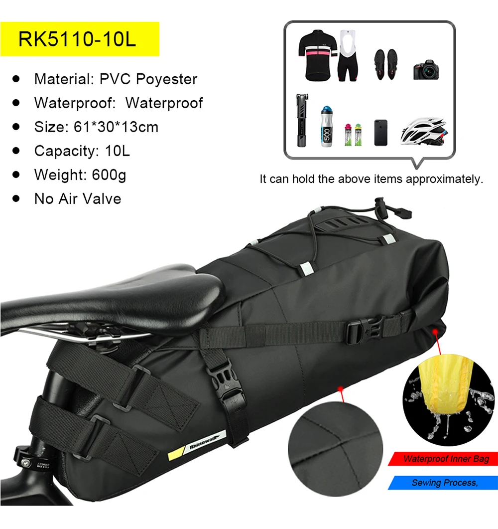 Rhinowalk Bike Bag Wasserdichte 10L13L Fahrrad Sattel Tasche Radfahren Faltbare Schwanz Hinten Tasche MTB Straße Stamm Bikepacking Outdoor Reise – Detail 6