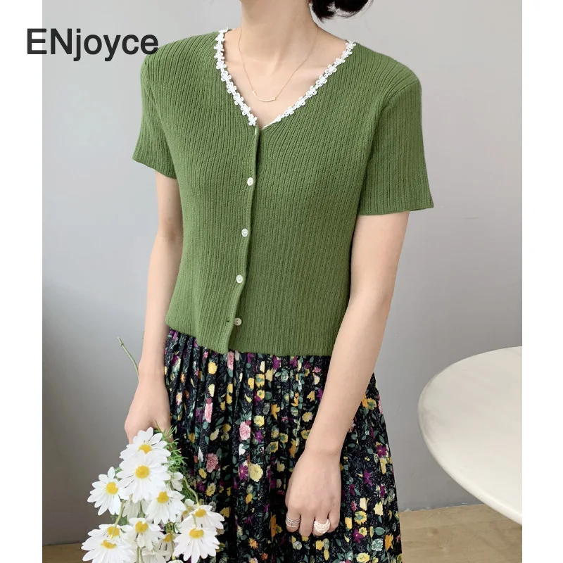 

ENjoyce Women Vintage V-Neck Knitted T-shirt Ladies Korean Fashion Short Sleeve Pullovers Tee Single Breasted Crop Tops Summer