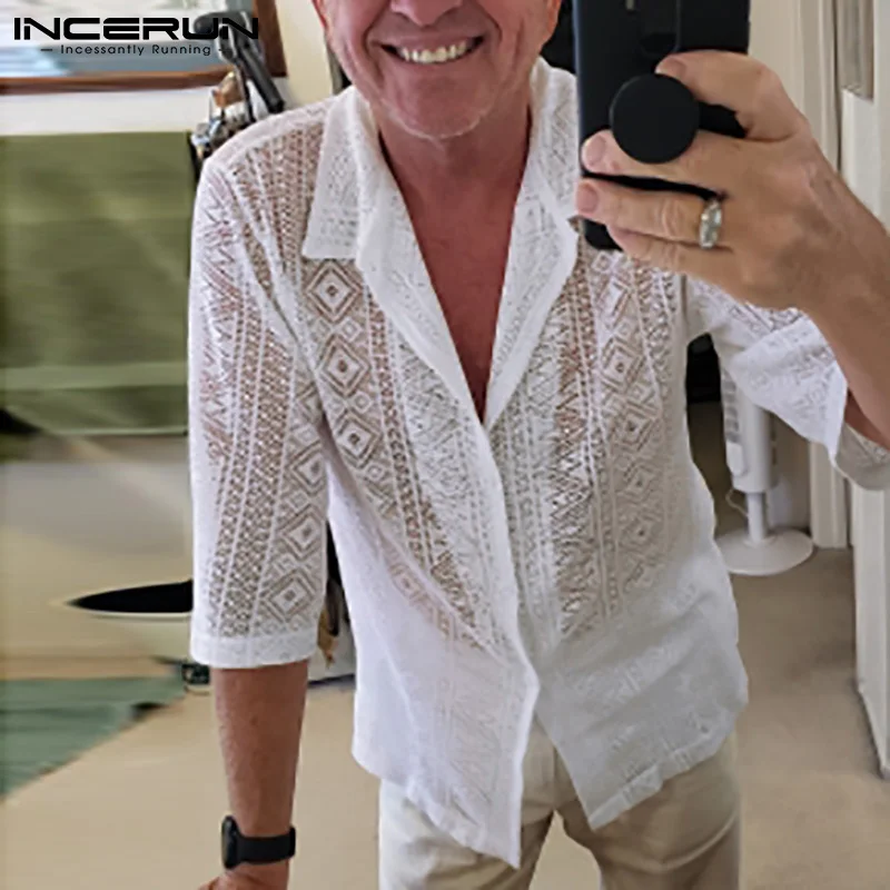 2023 Fashion Men Shirt Mesh Lace Transparent Streetwear Lapel Short Sleeve Button Camisas Party Sexy Men Clothing S-5XL INCERUN